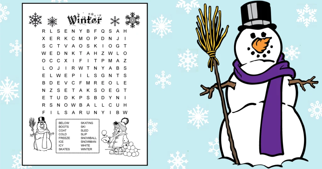 Free printable winter word search for kids around 3rd grade.  16 winter words hidden in a 12 X 12 grid of large print letters.  The hidden words are at a 3rd grade or lower spelling level.  Prints in black and white. Snowflakes decorate the top of the page.  At the bottom of the page are images kids can color: a snowman and a boy dressed for winter throwing snowballs.