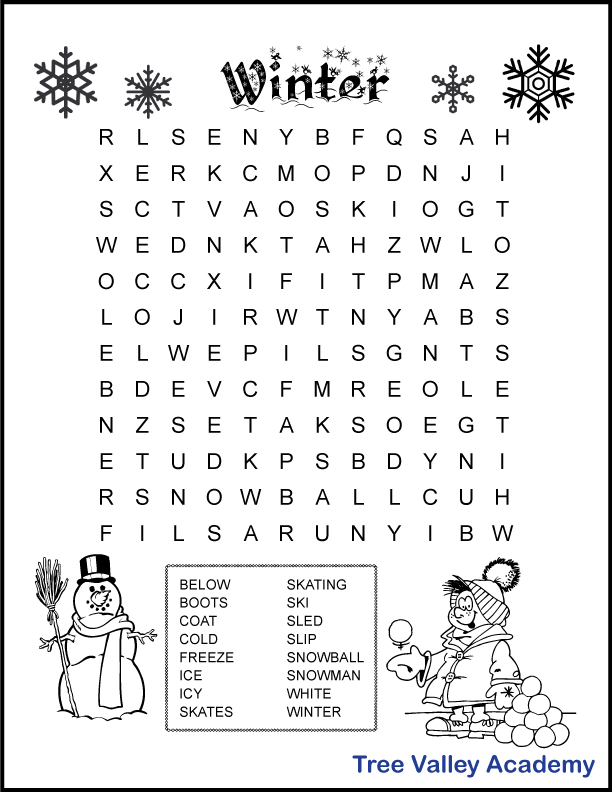 Free printable winter word search for kids around 3rd grade.  16 winter words hidden in a 12 X 12 grid of large print letters.  The hidden words are at a 3rd grade or lower spelling level.  Snowflakes decorate the top of the page.  At the bottom of the page are images kids can color: a snowman and a boy dressed for winter throwing snowballs.