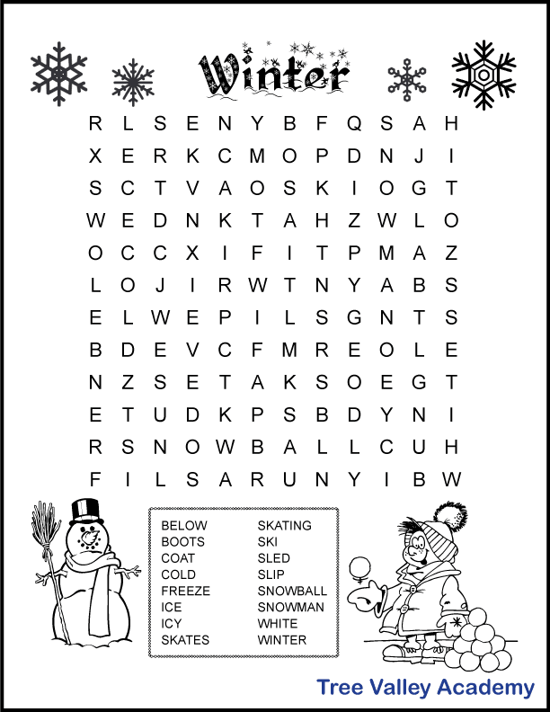 Printable Winter Word Search for 3rd Grade - Tree Valley Academy