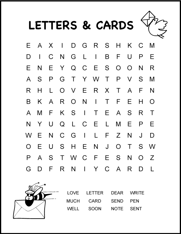 2nd grade word search with card and letter writing theme. Free printable word search with answers included. 