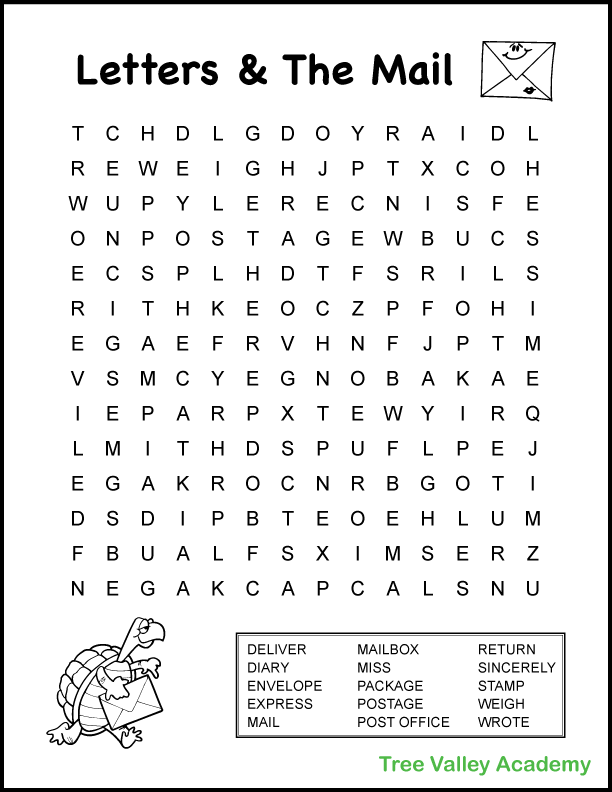 4th grade word search with a mail and letter writing theme. Free printable word search with answers included. #letterwriting #grade4 #treevalleyacademy #wordsearch #mailtheme