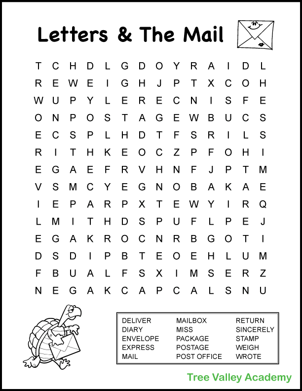 4th grade word search with mail and letter writing theme. Free printable word search with answers included. #letterwriting #grade4 #treevalleyacademy #wordsearch #mailtheme