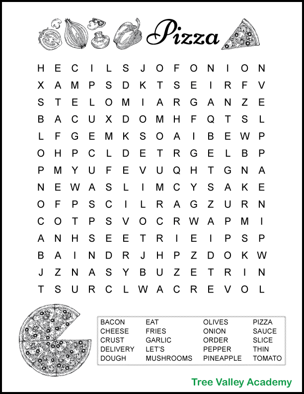 A pizza word search for kids with 20 hidden pizza themed words in a 14 X 14 grid of letters.  The word search puzzle prints in black and white, and is free to download.  The printable pdf includes answers. #pizza #pizzaunit #wordsearch