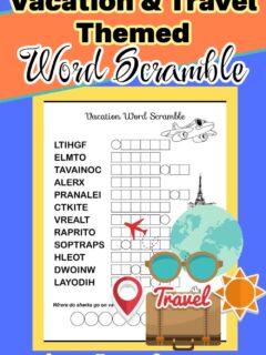 Vacation and travel themed word scramble. The black and white printable has 12 vacation themed words to unscramble. The unjumbled words will then reveal the answer to a joke for kids.