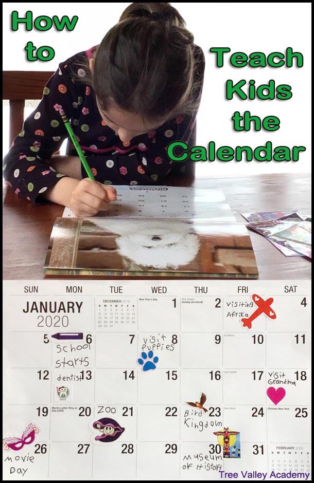 How to teach calendar skills to kids and help children learn how to read a calendar.  Includes a lesson plan for teaching kids calendar skills and tips on doing daily calendar time. #math #calendar #homeschooling #treevalleyacademy