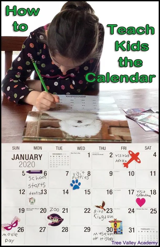 How to teach calendar skills to kids and help children learn how to read a calendar. Includes a lesson plan for teaching kids calendar skills and tips on doing daily calendar time. #math #calendar #homeschooling #treevalleyacademy