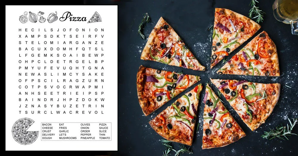 A pizza word search for kids with 20 hidden pizza themed words in a 14 X 14 grid of letters.  The word search puzzle prints in black and white, and is free to download.  The printable pdf includes answers. #pizza #pizzaunit #wordsearch