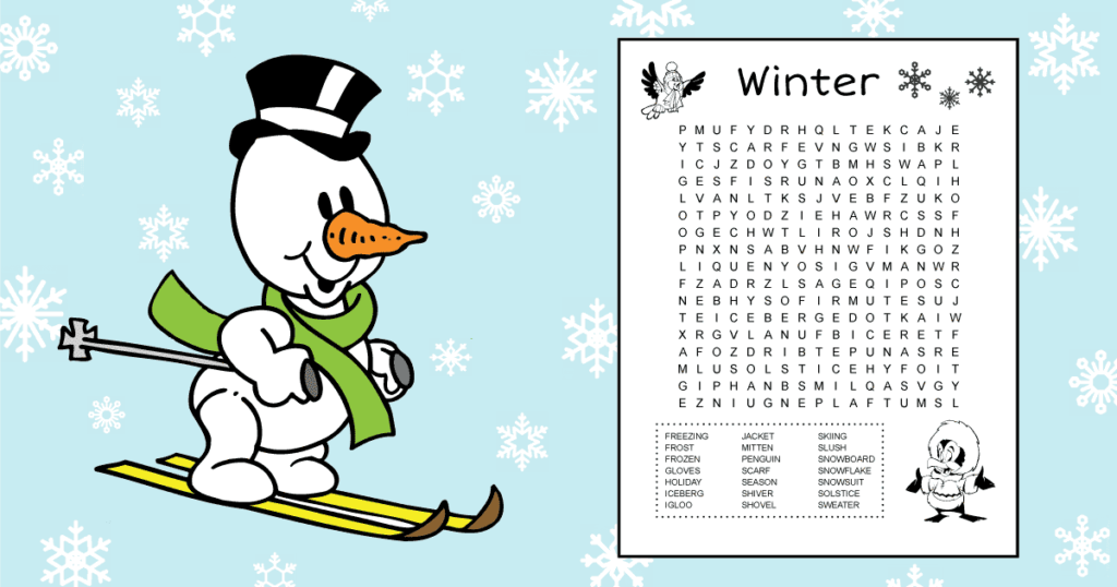 Free printable winter themed 5th grade word search with answers included. #winter #grade5 #wordsearch #treevalleyacademy