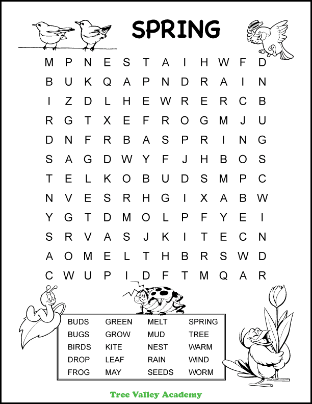 Easy spring word search for 1st grade. 20 hidden spring words for kids to find and circle. This spring activity worksheet doubles as a coloring page, having cute spring animal pictures for kids to color. Free printable .pdf includes answers. #springactivity #wordsearch #grade1