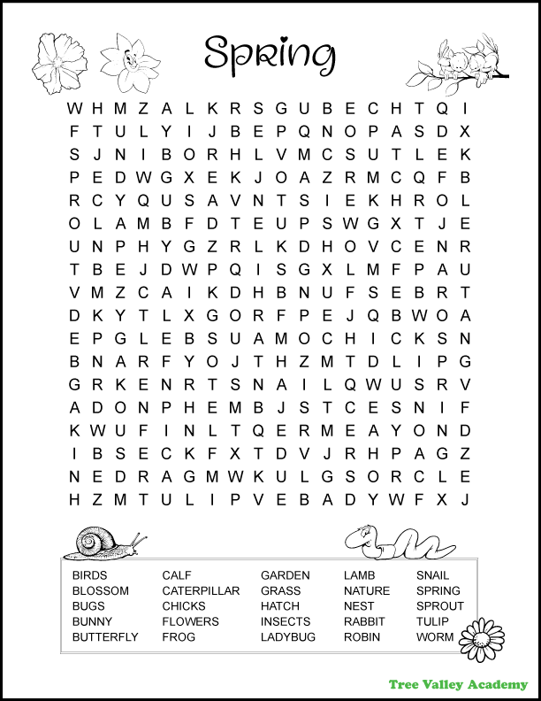 A challenging spring word search for elementary aged kids.  This difficult spring word search has 25 hidden words, many of them upside down, backwards, or diagonally backwards.  It's free and printable with answers included. The black and white printable word search is decorated with images of flowers, a worm, a snail, and baby birds on a branch, that kids can color.  