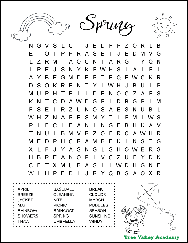 A printable spring break word search for kids.  The black and white word find has images of a sun, rainbow, clouds, and a girl flying a kite that kids can color.  There are 21 words to find in a 17 X 17 grid of uppercase letters.