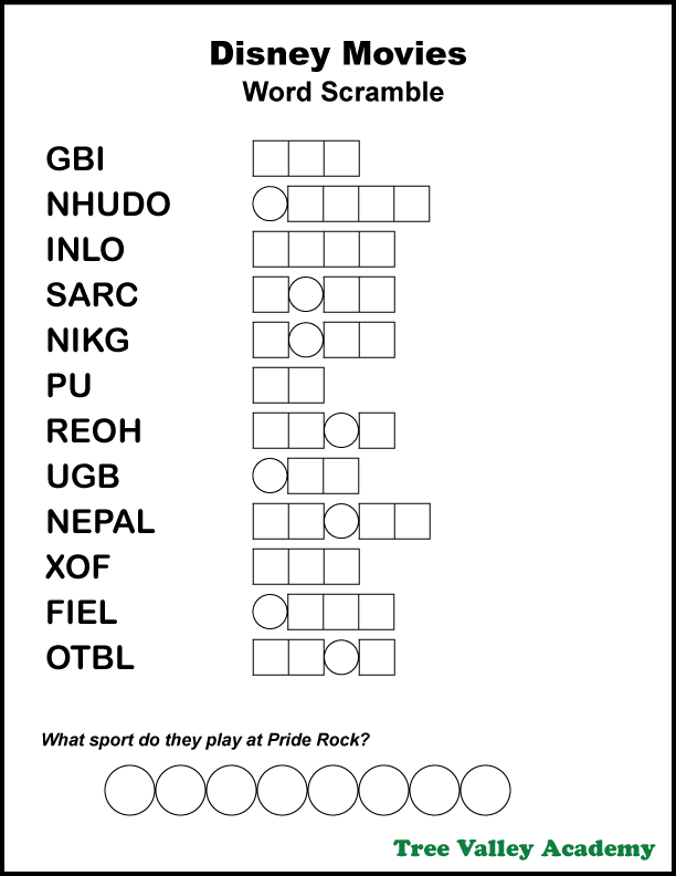 Free printable Disney movies word scramble for kids.  Kids will be able to work on a Disney themed 2nd grade spelling list with this printable word puzzle. Once jumbled words are unscrambled, the answer to a Disney movie riddle will be revealed. Pdf includes answer sheet. #disneymovies #wordscramble #homeschool #spellingactivity