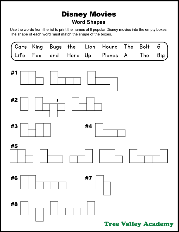 Printable Disney movies word shapes puzzle for 2nd grade students.  Kids will match each word on the list to the boxes with the same shape as the word.  Once solved, kids will have written 8 popular Disney movies.  Free printable pdf with answers. #spelling #grade2 #wordpuzzles #homeschooling 