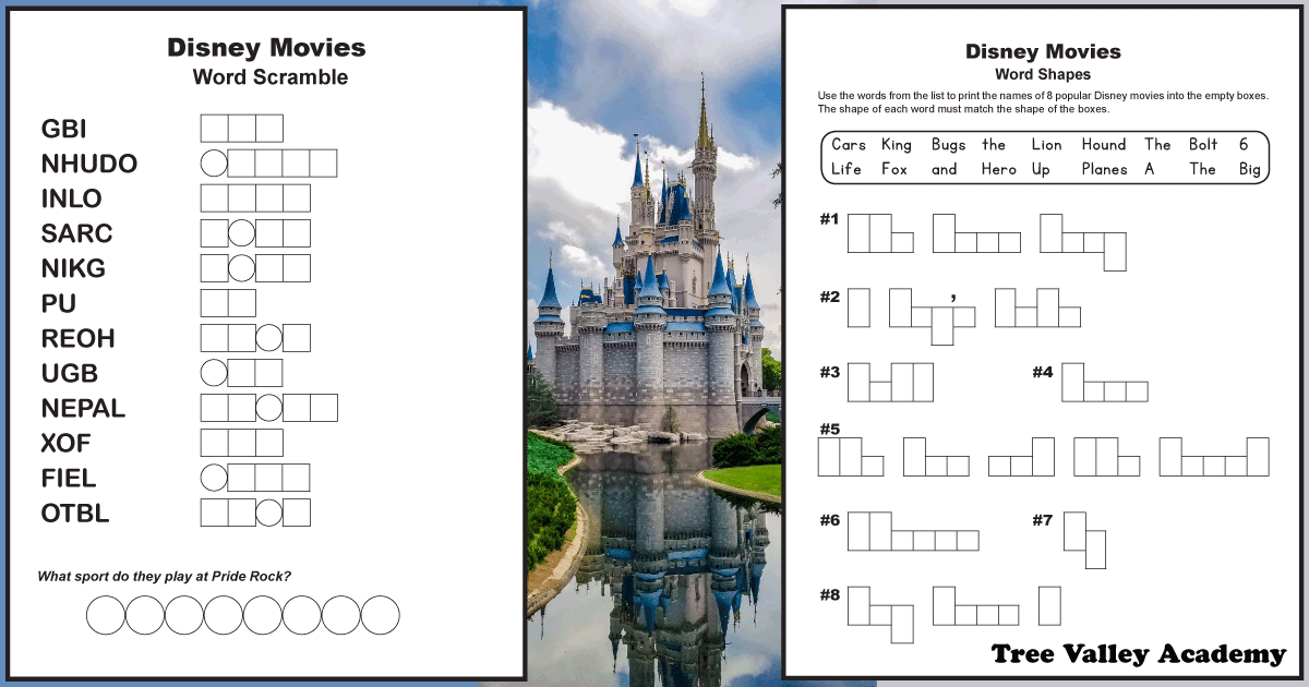 disney movies word puzzles word shapes word scramble