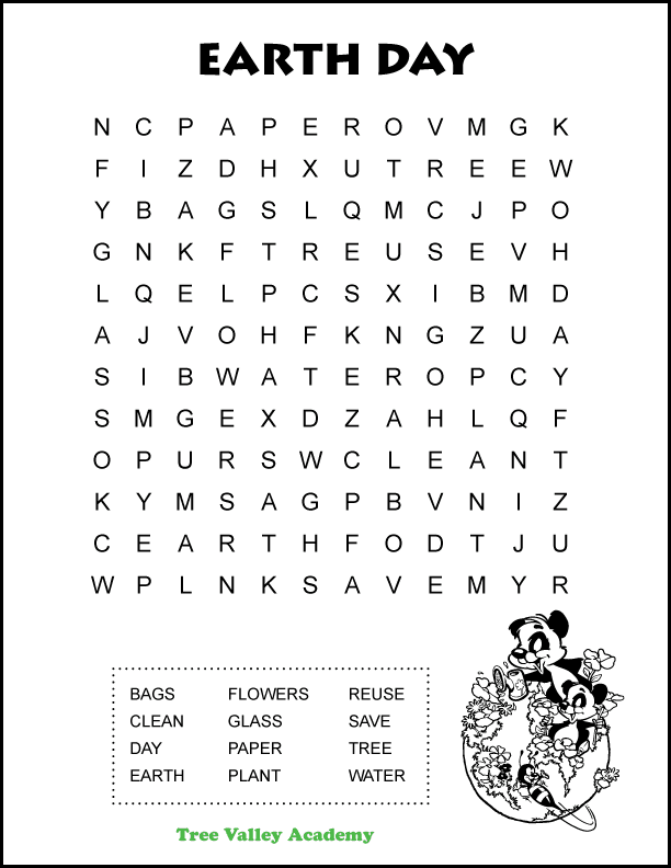 Free printable easy Earth Day word search for kids. Black and white printable has 12 hidden words to find in a 12 X 12 grid of letters. There's an image for kids to color of 2 animals watering plants and flowers on a globe. Ideal for early elementary aged kids around 1st or 2nd grade.