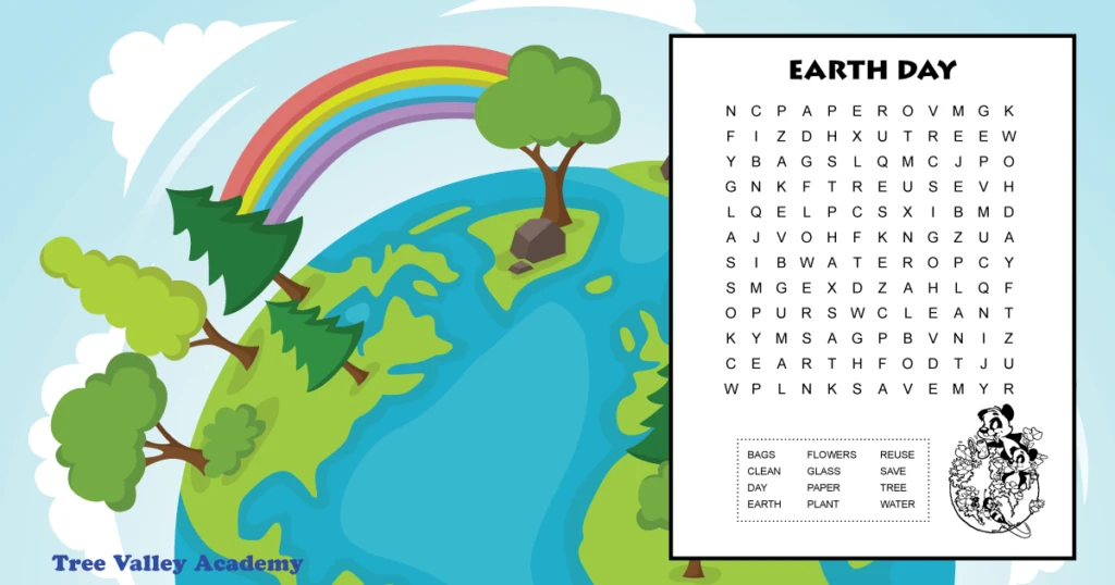 Free printable easy Earth Day word search for kids.  Black and white printable has 12 hidden words to find in a 12 X 12 grid of letters.  There's an image for kids to color of 2 animals watering plants and flowers on a globe.  Ideal for early elementary aged kids around 1st or 2nd grade.