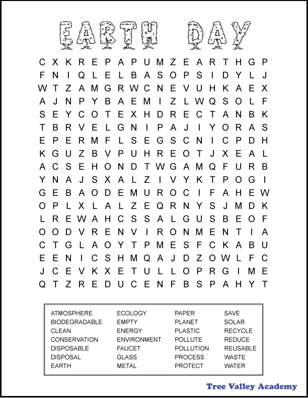 Printable Earth Day Word Search for 6th Graders & Older