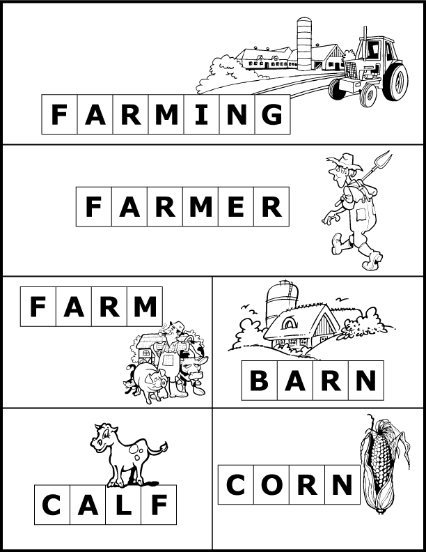 A spelling activity to go along with the book "The Cow Loves Cookies".  Free printable book activity includes coloring worksheets, word scrambles, and a phonics scavenger hunt with 34 farm related word cards. For preschoolers, kindergarten, 1st grade & 2nd grade students. #bookactivity #homeschool #farmunit