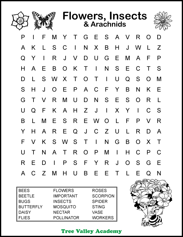 Free printable flowers, insects & arachnids themed word search puzzle for kids around a 4th grade spelling level. 18 hidden words for kids to circle and find. Pdf includes answer sheet.  #wordsearch #grade4 