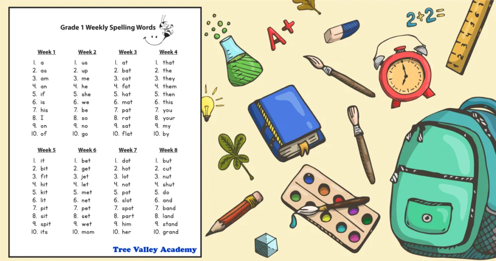 Printable grade 1 weekly spelling words with 32 weekly spelling lists. There are 10 spelling words per week.