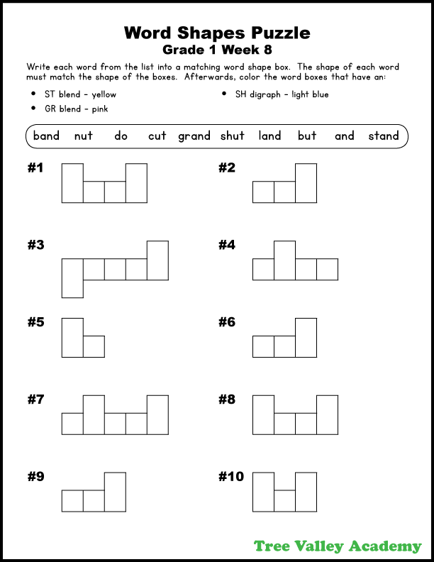 Free printable word shapes puzzle worksheets at a 1st grade level.  There are 8 printable puzzles - one weekly puzzle to go along with the first 8 weeks of grade 1 spelling. It's also a coloring worksheet as kids will need to color word boxes that have various phonics sounds.  The pdf can be downloaded free and includes an answer sheet. #grade1 #spelling   