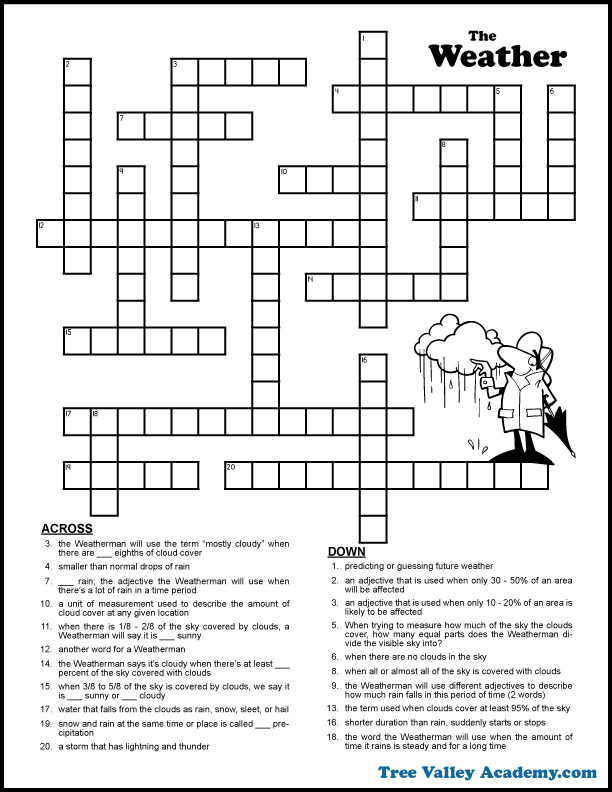 Weather forecast crossword puzzles for students around grades 5-6 or older.  A free kids glossary will teach kids the weather vocabulary and they can practice their knowledge with the crossword puzzle.  This worksheet focuses on the weather forecast terms describing the clouds, sun or rain. Free printable pdf includes answer key.  #weather #crosswordpuzzle #forecasting #weatherunit #grade6 #homeschooling  