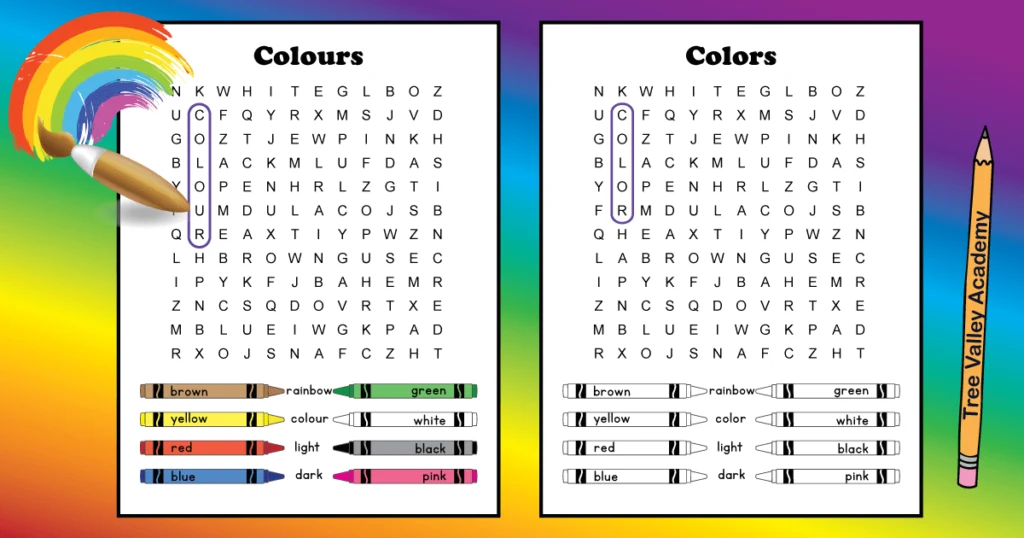 Free printable color word search best for early elementary students.  12 hidden color words for kids to find and circle. It doesn't matter if you spell it color or colour there's 2 versions of the puzzle, each with one of the spellings.  The words are at a 2nd grade spelling level.  Pdf includes answer page. 