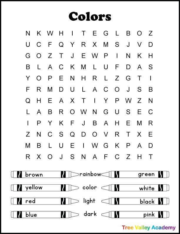 Free printable color word search best for early elementary students.  12 hidden color words for kids to find and circle. It doesn't matter if you spell it color or colour there's 2 versions of the puzzle, each with one of the spellings.  The words are at a 2nd grade spelling level.  Pdf includes answer page. 