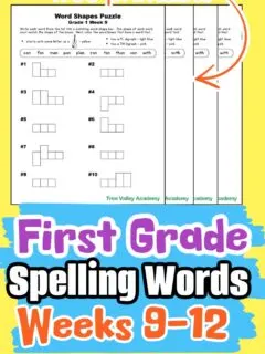 Free printable word shape puzzles to go along with first grade spelling words weeks 9 to 12.