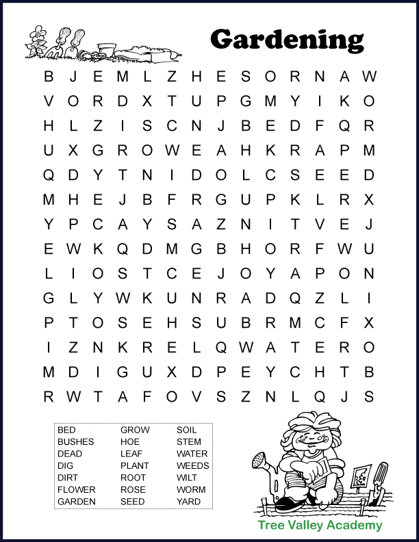 printable gardening word search for kids tree valley academy