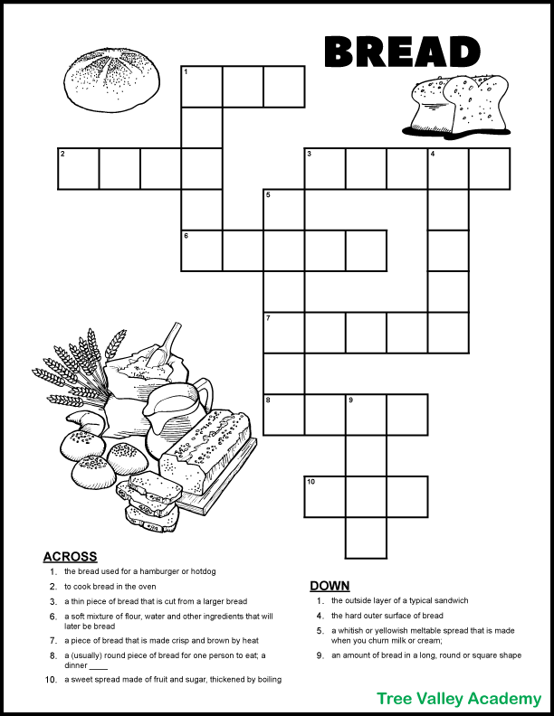 A free printable bread themed crossword puzzle for early elementary aged students. The words of the puzzle are 2nd grade spelling words. The puzzle is an excellent way for kids to work on vocabulary.  Answer page with free downloadable pdf.