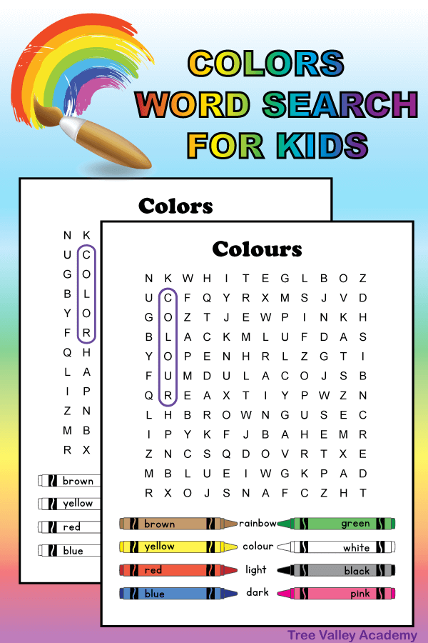 Free printable color word search best for early elementary students.  12 hidden color words for kids to find and circle. It doesn't matter if you spell it color or colour there's 2 versions of the puzzle, each with one of the spellings.  The words are at a 2nd grade spelling level.  Pdf includes answer page. 