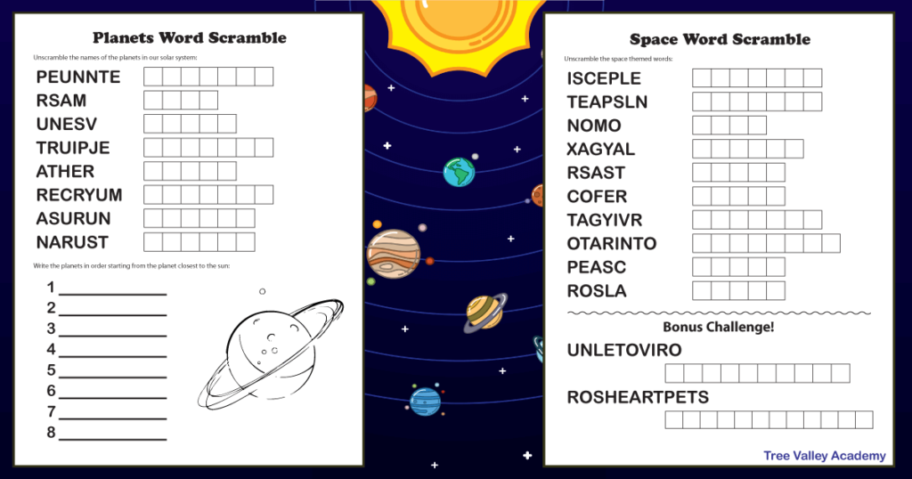 Space Themed and Planets Word Scramble Puzzles