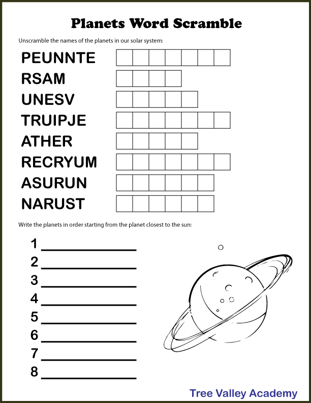 A black and white planets word scramble worksheet where kids can unscramble the names of the planets in our solar system.  The bottom of the page has a numbered blank list from 1 to 8.  Kids are asked to write the planets in order starting from the planet closest to the sun.