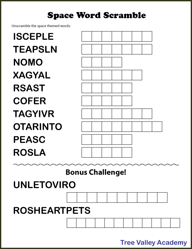 A black and white printable space word scramble with 12 space themed words to unscramble.