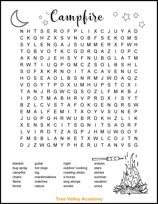 Free printable campfire camping word search for kids.  There are 24 hidden campfire words for kids to find and circle in an 18 X 18 grid of letters.  The one page black and white printable puzzle has a picture of a crescent moon and some stars and a bonfire with marshmallow's being roasted on a stick.  Kids can color the images if they wish.