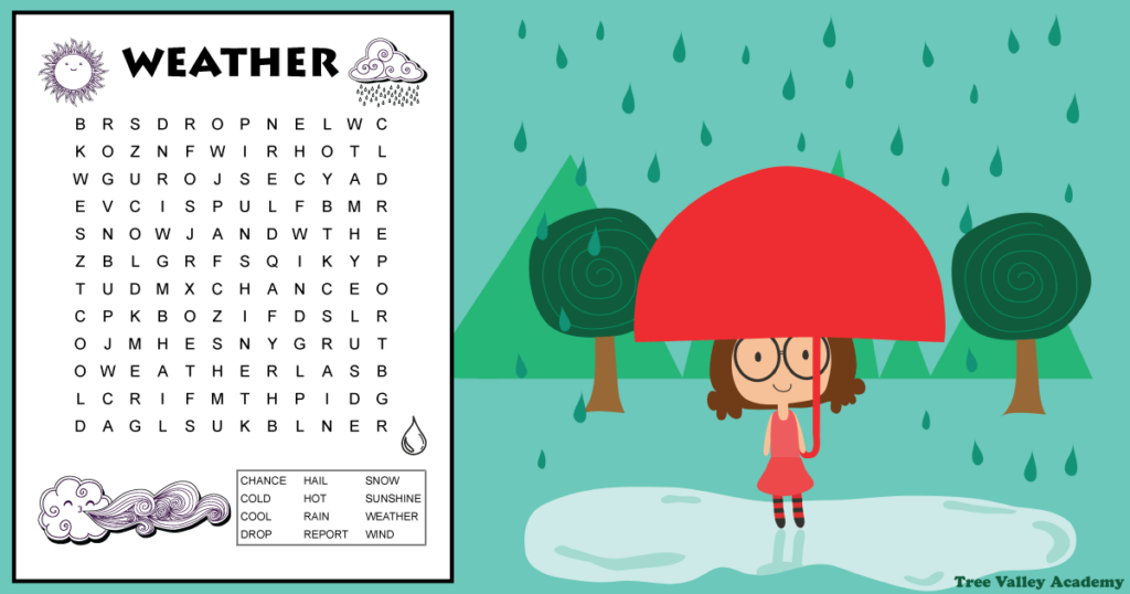 weather word search on background of rain in nature with a girl standing in puddle holding an umbrella