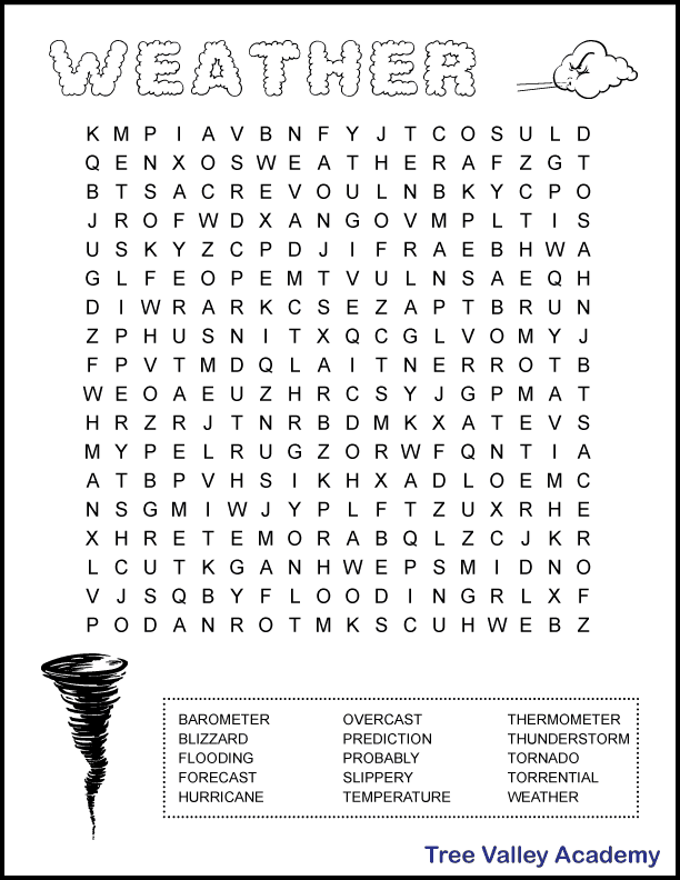 A free printable weather word search puzzle for elementary students around 6th grade.  15 hidden weather words for kids to find and circle.  Downloadable pdf with answers.  