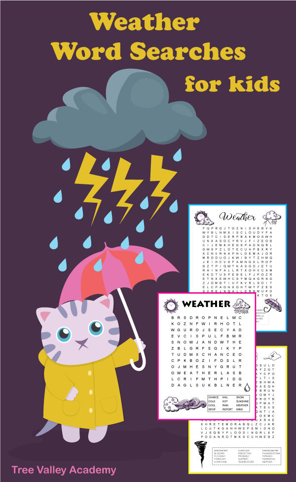 Printable word search for kids puzzles with varying themes like this collection of weather word searches.  Downloadable pdf is free and always includes answers.  