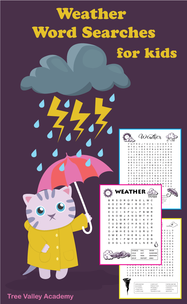 Cat in raincoat holding umbrella under lightning and rain cloud beside 3 printable weather word searches for kids.