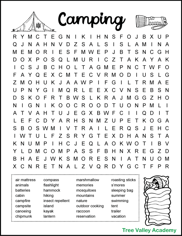 A printable camping word search. Coloring images of a flashlight, a tent, and a boy sleeping in a sleeping bag are also on the page.  32 words hidden in an 18 X 21 grid of letters. 