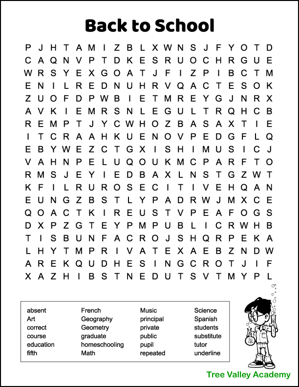 Free printable back to school word search for 5th grade students. 24 hidden words to find and circle in a 19 X 20 grid of letters. Most of the hidden words are 5th grade spelling words.  Black and white printable. There's an image of a boy doing Science that kids can color if they wish.