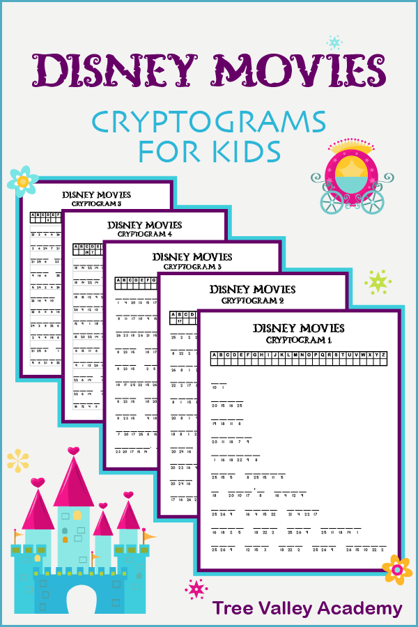 set of 5 printable Disney movie cryptogram puzzles for kids