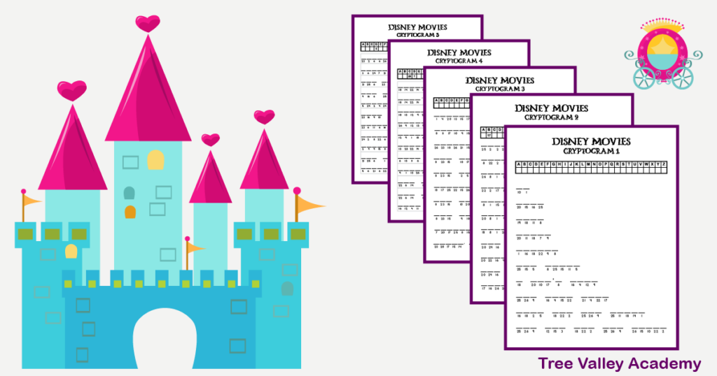 5 free printable easy beginner level cryptogram puzzles for kids 4th grade and older.  Each printable puzzle has between 7 and 16 encrypted well known Disney movie titles to solve. Pdf with answers.