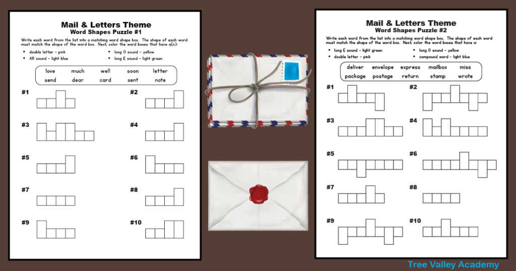 Two printable word shape puzzle spelling worksheets for 2nd and 4th grade.  Each page has 10 spelling words to fit into word boxes.  Afterward, children will be asked to color the word boxes with words that have certain phonics sounds.  The worksheets are beside a stack of stamped envelopes.