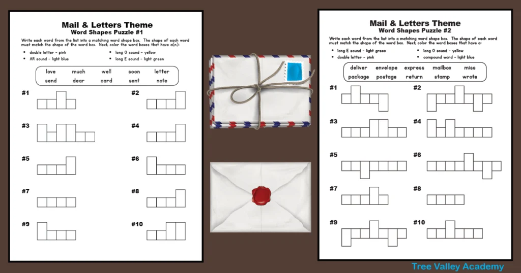 Two printable word shape puzzle spelling worksheets for 2nd and 4th grade.  Each page has 10 spelling words to fit into word boxes.  Afterward, children will be asked to color the word boxes with words that have certain phonics sounds.  The worksheets are beside a stack of stamped envelopes.