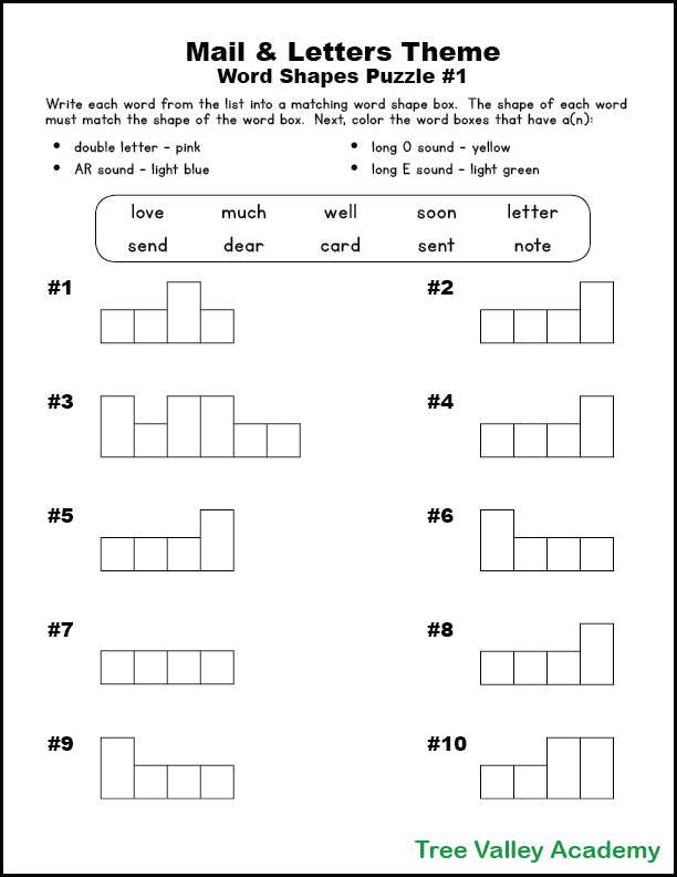 a mail and letter themed word shape puzzle