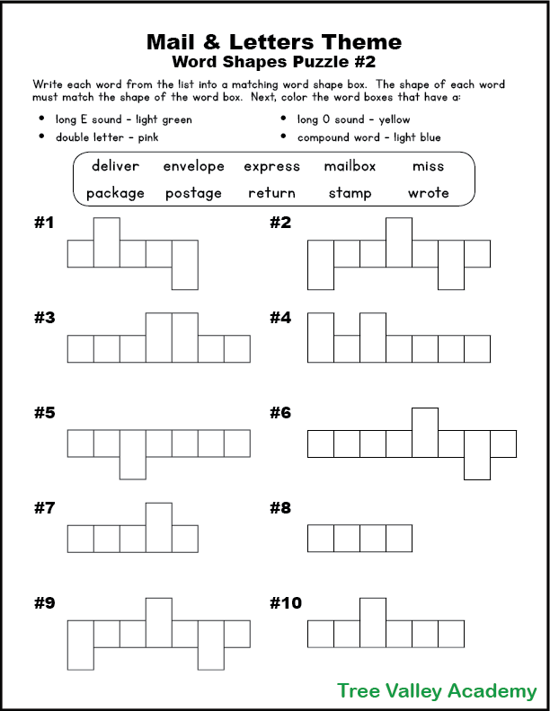 screenshot of printable mail themed word shape puzzle