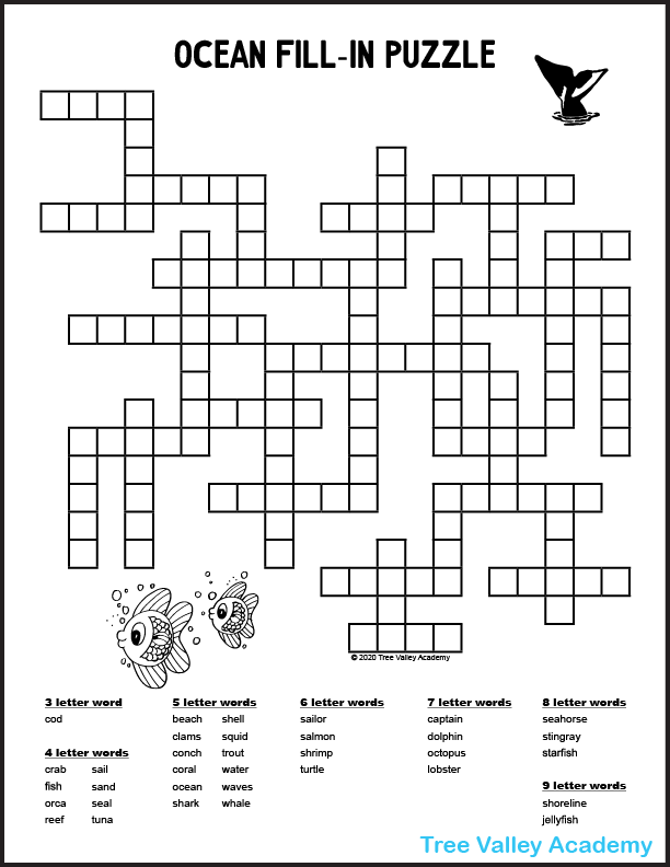 An ocean fill-in puzzle printable. There are 34 ocean themed words categorized by how many letters each word has. A whales tale sticking out of the water and 2 swimming fish decorate the puzzle.