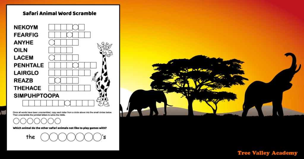 a printable safari animals word scramble for kids, on an African savanna background with the silhouettes of elephants at sunrise